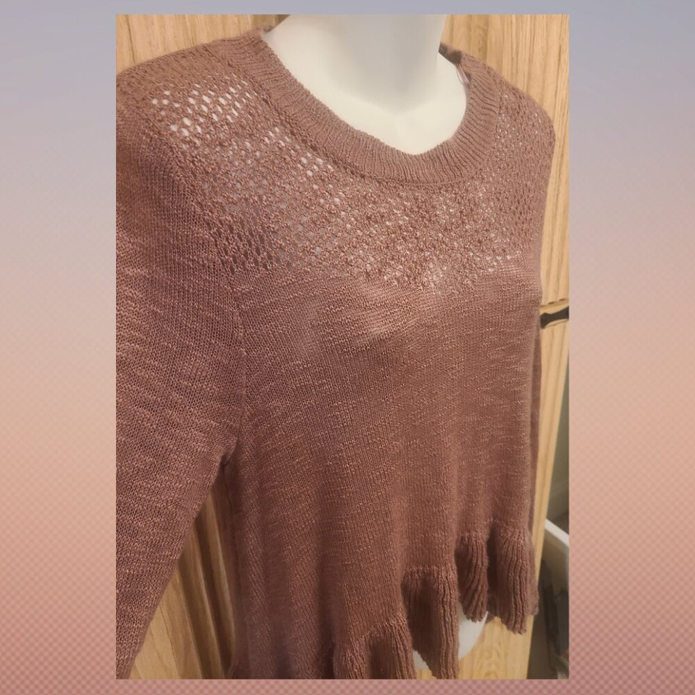 True Craft Dusty Rose Pink Open Knit Sweater – Size Large – Feminine Ruffle Hem - Picture 2 of 12